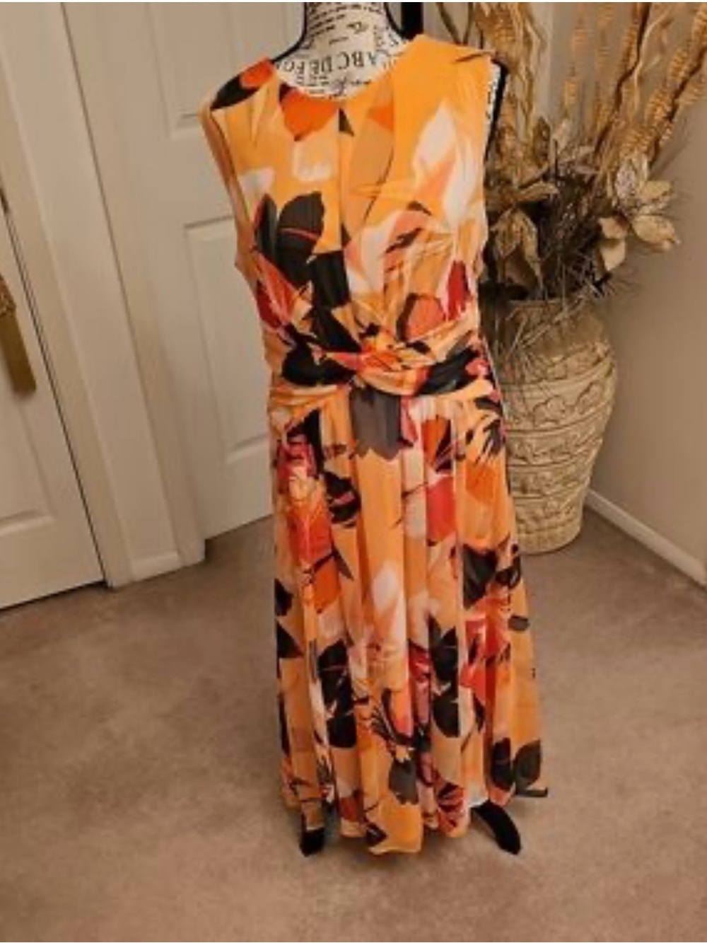 Calvin Klein Orange and Black Floral Twist-Waist Maxi Dress